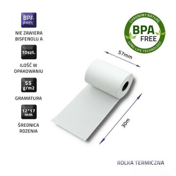 Rolka termiczna Qoltec 57x30 | 55g/m2 | 10szt. | BPA free  - Incom Group
 5901878518954