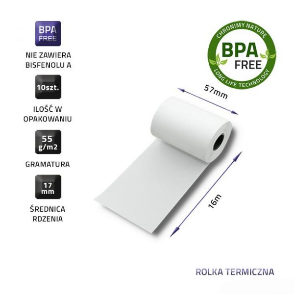 Rolka termiczna Qoltec 57x16 | 55g/m2 | 10szt. | BPA free  - Incom Group
 5901878518992