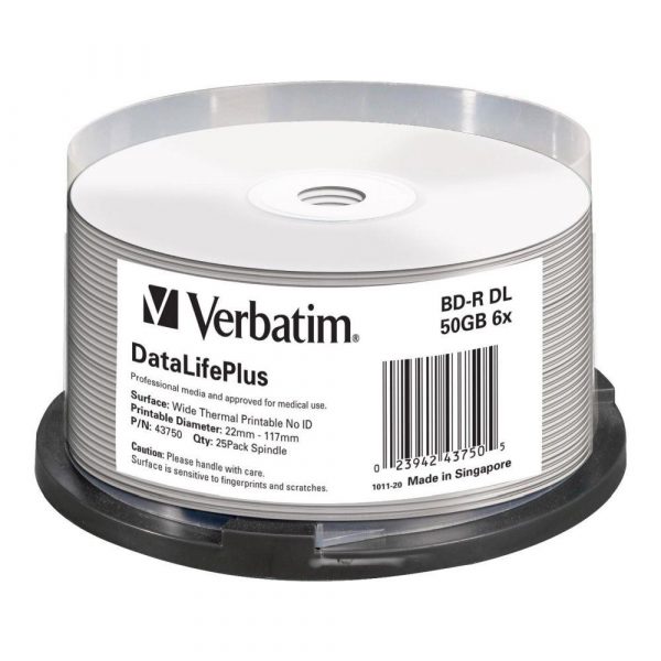 BD-R DL Verbatim 50GB 6x Wide White Thermal Printable - No ID Brand (spindle 25)  - Incom Group
 0023942437505