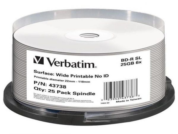 BD-R Verbatim 25GB X6 DL+ printable NO ID (Cake 25) 0023942437383  - Incom Group
