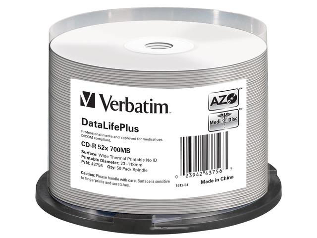  - Incom Group
 0023942437567 CD-R Verbatim 700MB DL+ AZO Thermal Printable Medi Disc No ID (cake 50)