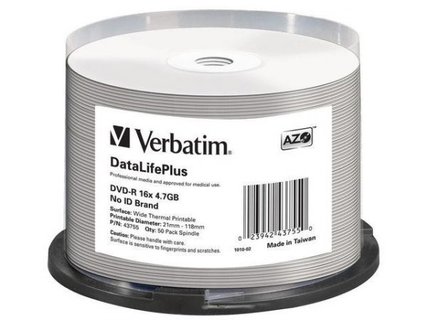 0023942437550  - Incom Group
 DVD-R Verbatim 4.7GB X16 AZO DL+ printable thermal białe NO ID (50 Cake)