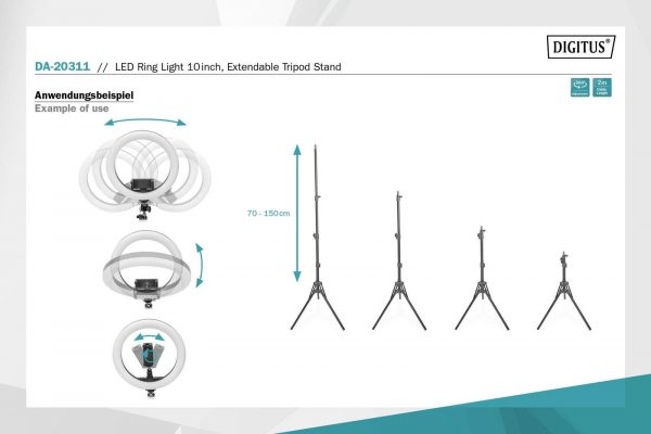 4016032485742 Lampa pierścieniowa DIGITUS LED RING 10" wysuwany statyw, uchyt na telefon, pilot, USB 2m  - Incom Group
