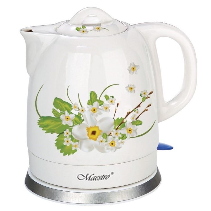 Czajnik elektryczny ceramiczny Maestro MR-066-WHITE Flowers 1,5l, 1200W biało-zielony 4820177142183  - Incom Group
