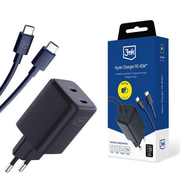 Ładowarka sieciowa 3mk Hyper Charger PD 45W+USB Cable C to C Black 5903108561952  - Incom Group
