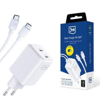 Ładowarka sieciowa 3mk Hyper Charger PD 45W+USB Cable C to C White 5903108561969  - Incom Group
