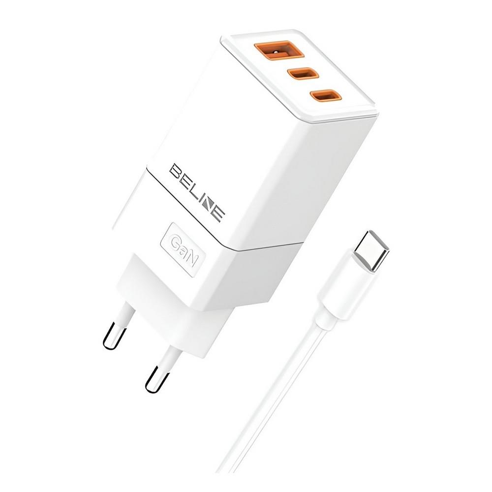 Ładowarka sieciowa Beline 65W GaN 2xUSB-C PD 3.0 + 1xUSB-A QC 3.0 +kabel USB-C - biała 5905908351917  - Incom Group
