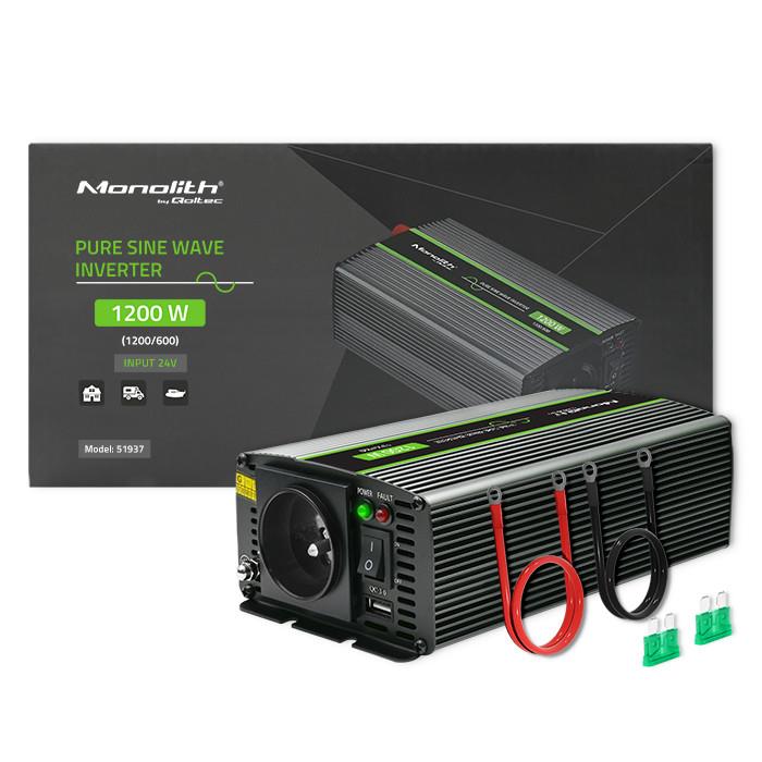 Przetwornica napięcia Qoltec Monolith | 600W | 1200W | 24V na 230V | Czysty Sinus 5901878519371  - Incom Group
