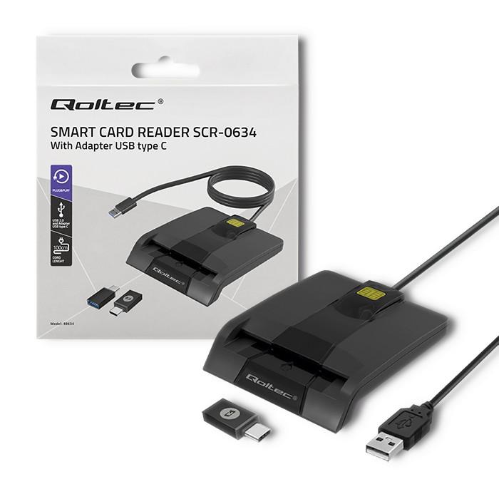 5901878506340 Czytnik kart chipowych ID Qoltec SCR-0634 | USB 2.0 + adapter USB-C  - Incom Group
