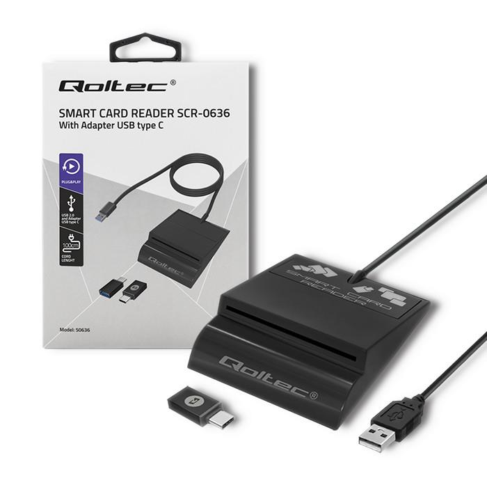 Czytnik kart chipowych ID Qoltec SCR-0636 | USB 2.0 + adapter USB-C 5901878506364  - Incom Group
