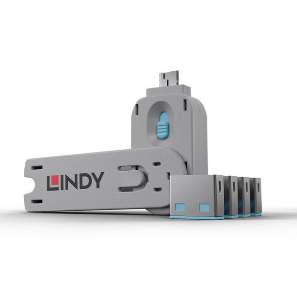 4002888404525 Blokada portów USB LINDY 4 szt Port Locks 4x +Key Blue  - Incom Group
