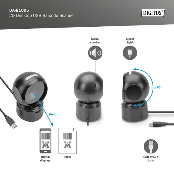  - Incom Group
 Czytnik kodów kreskowych DIGITUS przewodowy stacjonarny USB-A 1.4m, 1D i 2D, zgodny z kodami QR 4016032490630