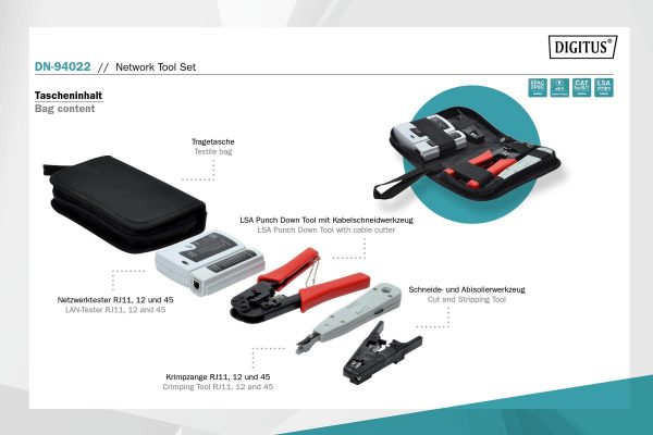 4016032348849  - Incom Group
 Zestaw narzędzi sieciowych DIGITUS DN-94022 z testerem okablowania