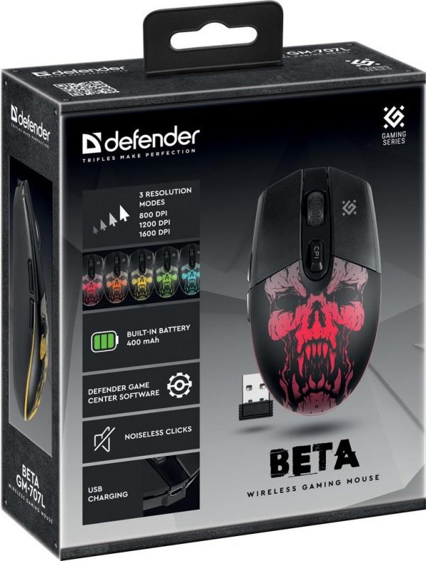 Mysz bezprzewodowa Defender BETA GM-707L optyczna 1600dpi czarna LED AKUMULATOR 6 przycisków Gaming bezklikowa silent  - Incom Group
 4714033527071