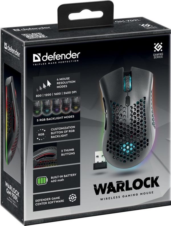  - Incom Group
 Mysz bezprzewodowa Defender WARLOCK GM-709L optyczna 2400dpi czarna RGB AKUMULATOR 8 przycisków Gaming 4714033527095