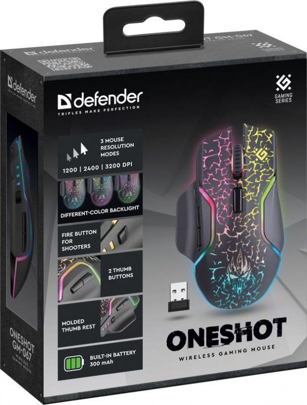 4745090820492 Mysz bezprzewodowa Defender ONESHOT GM-067 optyczna 3200dpi czarna RGB AKUMULATOR 7 przycisków Gaming  - Incom Group
