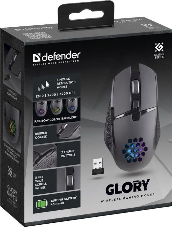 4745090820508  - Incom Group
 Mysz bezprzewodowa Defender GLORY GM-514 optyczna 3200dpi czarna RGB AKUMULATOR 7 przycisków Gaming