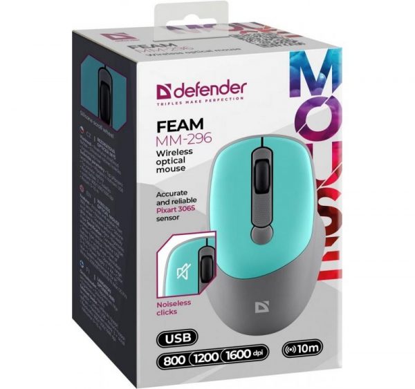 Mysz bezprzewodowa Defender FEAM MM-296 optyczna bezklikowa silent 1600dpi mięta  - Incom Group
 4745090825251