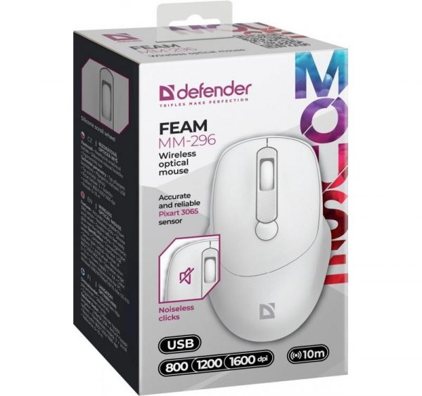  - Incom Group
 Mysz bezprzewodowa Defender FEAM MM-296 optyczna bezklikowa silent 1600dpi biała 4745090825275