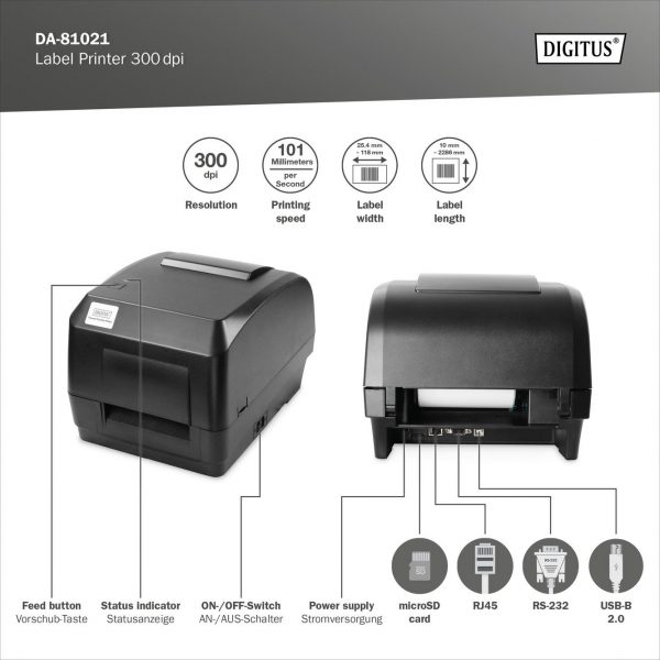 Drukarka termiczna DIGITUS do etykiet 300dpi max. 104mm USB 2.0 Serial LAN microSD czarna  - Incom Group
 4016032487036