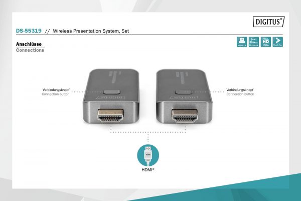 Przedłużacz/Extender DIGITUS HDMI prezentacyjny, bezprzewodowy 50m 1080p 60Hz 5GHz (zestaw) 4016032478775  - Incom Group
