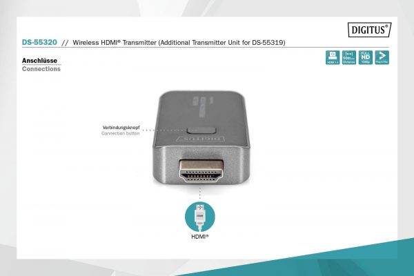 Przedłużacz/Extender DIGITUS HDMI bezprzewodowy 50m 1080p 60Hz 5GHz do DS-55319 (nadajnik) 4016032478799  - Incom Group
