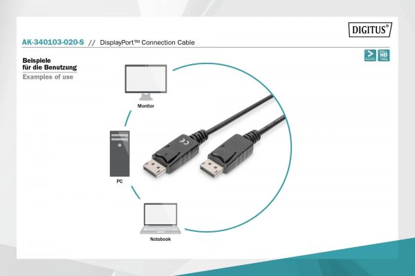 4016032328506  - Incom Group
 Kabel DisplayPort DIGITUS z zatrzaskami 1080p 60Hz FHD Typ DP/DP M/M czarny 2m