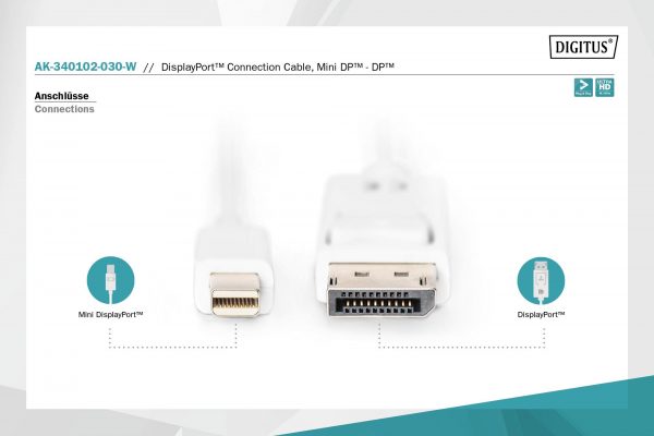 Kabel DisplayPort DIGITUS DP/M-DPmini /M, 1.1a biały, 3m  - Incom Group
 4016032289340