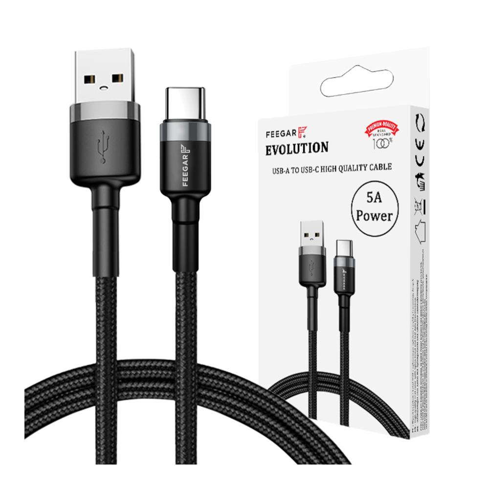 Kabel USB 3.0 Feegar Evolution FEE-01900 USB-A – USB-C nylonowy QC 3.0 1m czarno-szary 5904610880128  - Incom Group
