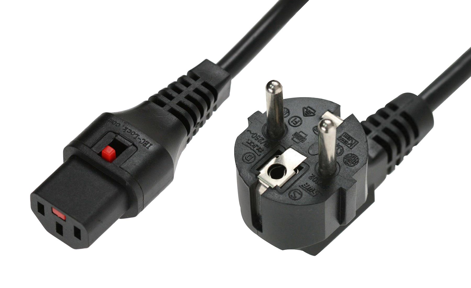 5055112814965  - Incom Group
 Kabel połączeniowy zasilający z blokadą IEC LOCK Schuko kątowy/C13 prosty M/Ż 2m czarny