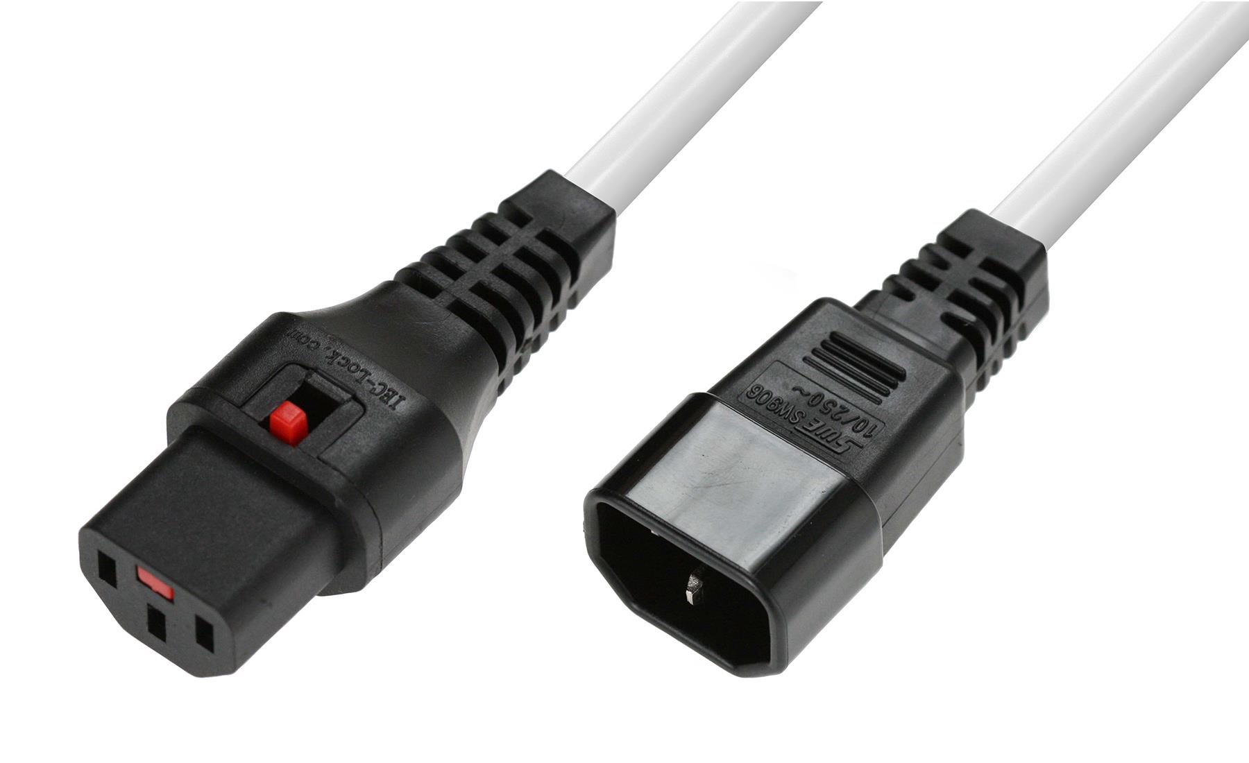 Kabel przedłużający zasilający z blokadą IEC LOCK 3x1mm2 C14/C13 prosty M/Ż 3m biały  - Incom Group
 5055112840308