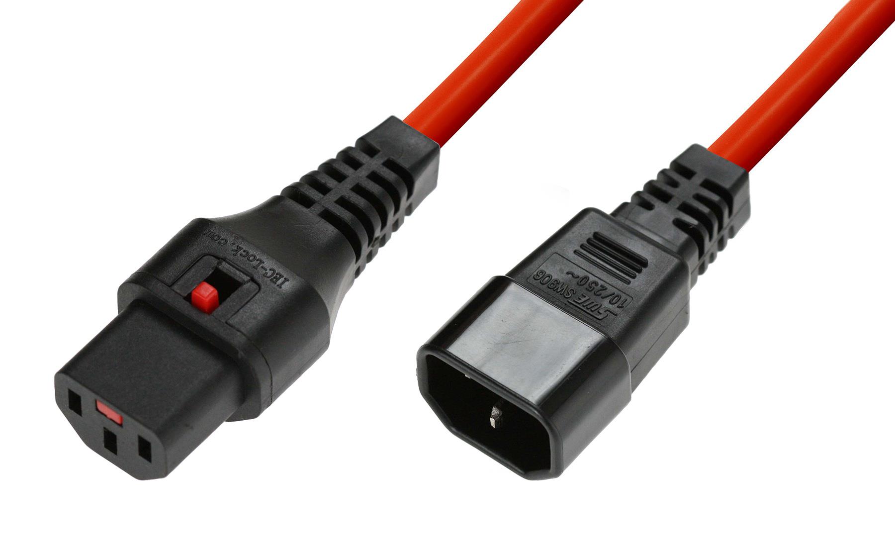 Kabel przedłużający zasilający z blokadą IEC LOCK 3x1mm2 C14/C13 prosty M/Ż 3m czerwony  - Incom Group
 5055287009036