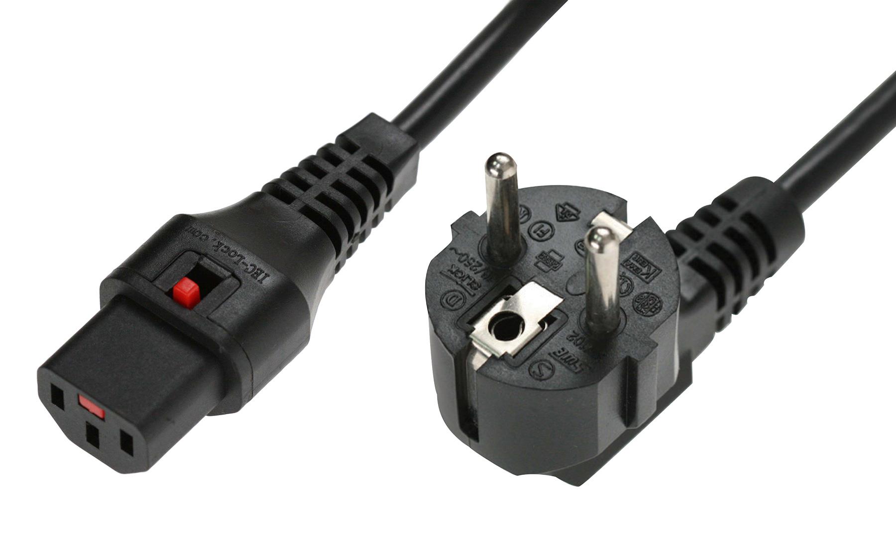 5055112840063 Kabel zasilający blokada IEC LOCK 3x1mm2 Schuko kątowy/C13 prosty M/Ż 1,5m czarny  - Incom Group
