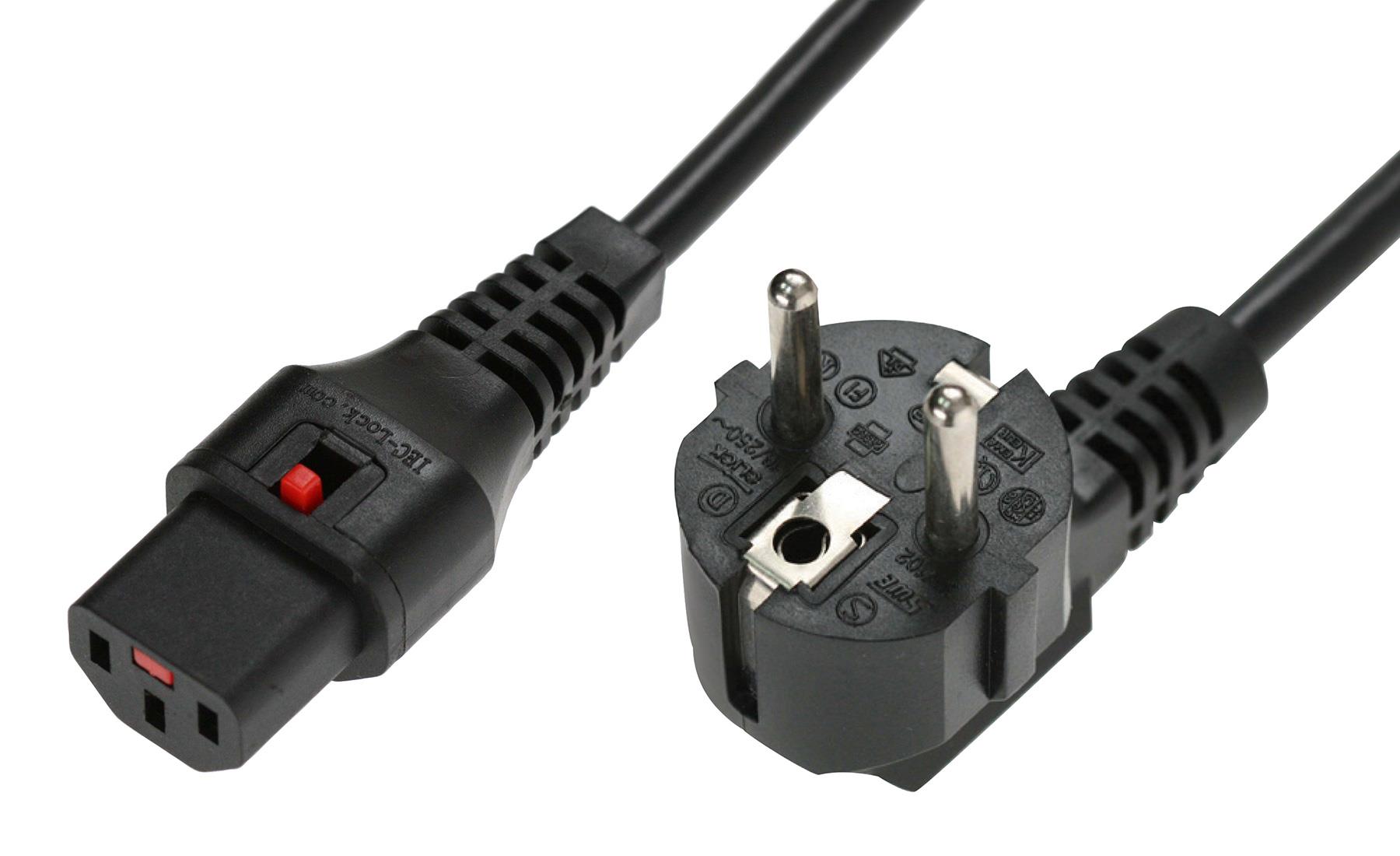 5055287005052  - Incom Group
 Kabel zasilający blokada IEC LOCK 3x1mm2 Schuko kątowy/C13 prosty M/Ż 5m czarny