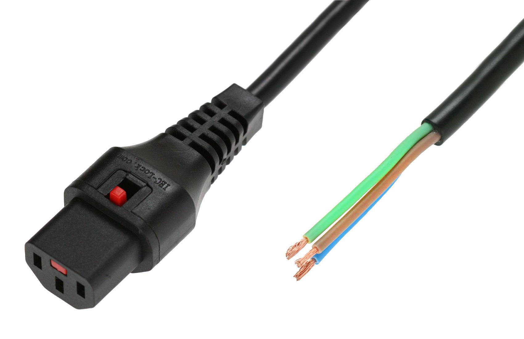 5055112823165  - Incom Group
 Kabel zasilający do zarobienia z blokadą IEC LOCK 3x1mm2 OPEN/C13 prosty Ż 1m czarny