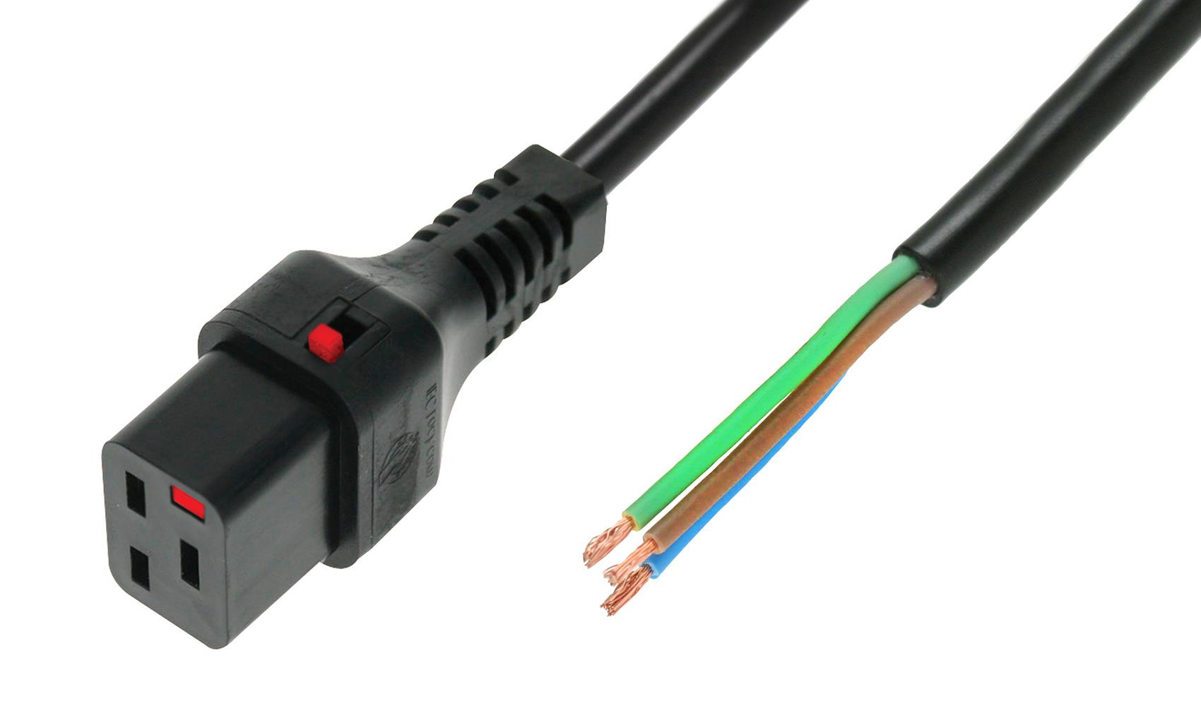 5055287004581  - Incom Group
 Kabel zasilający do zarobienia blokada IEC LOCK 3x1,5mm2 OPEN/C19 prosty Ż 1m czarny