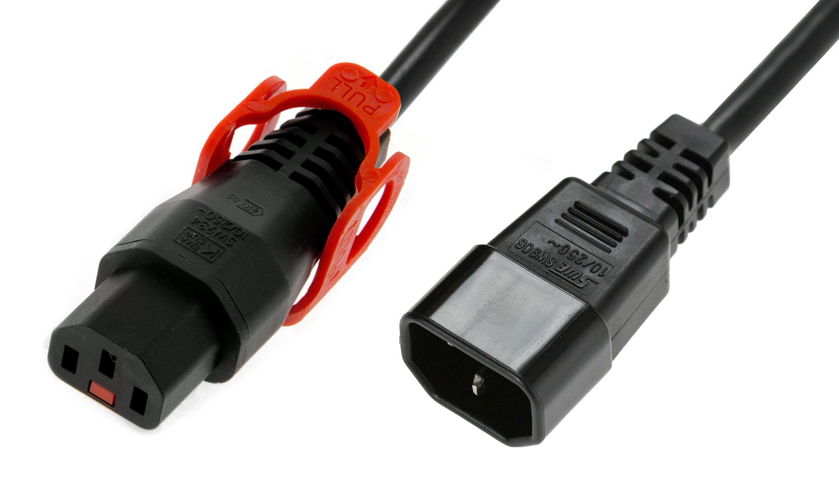 Kabel przedłużający zasilający z blokadą IEC LOCK+ 3x1mm2 C14/C13 prosty M/Ż 2m czarny 5055287012463  - Incom Group
