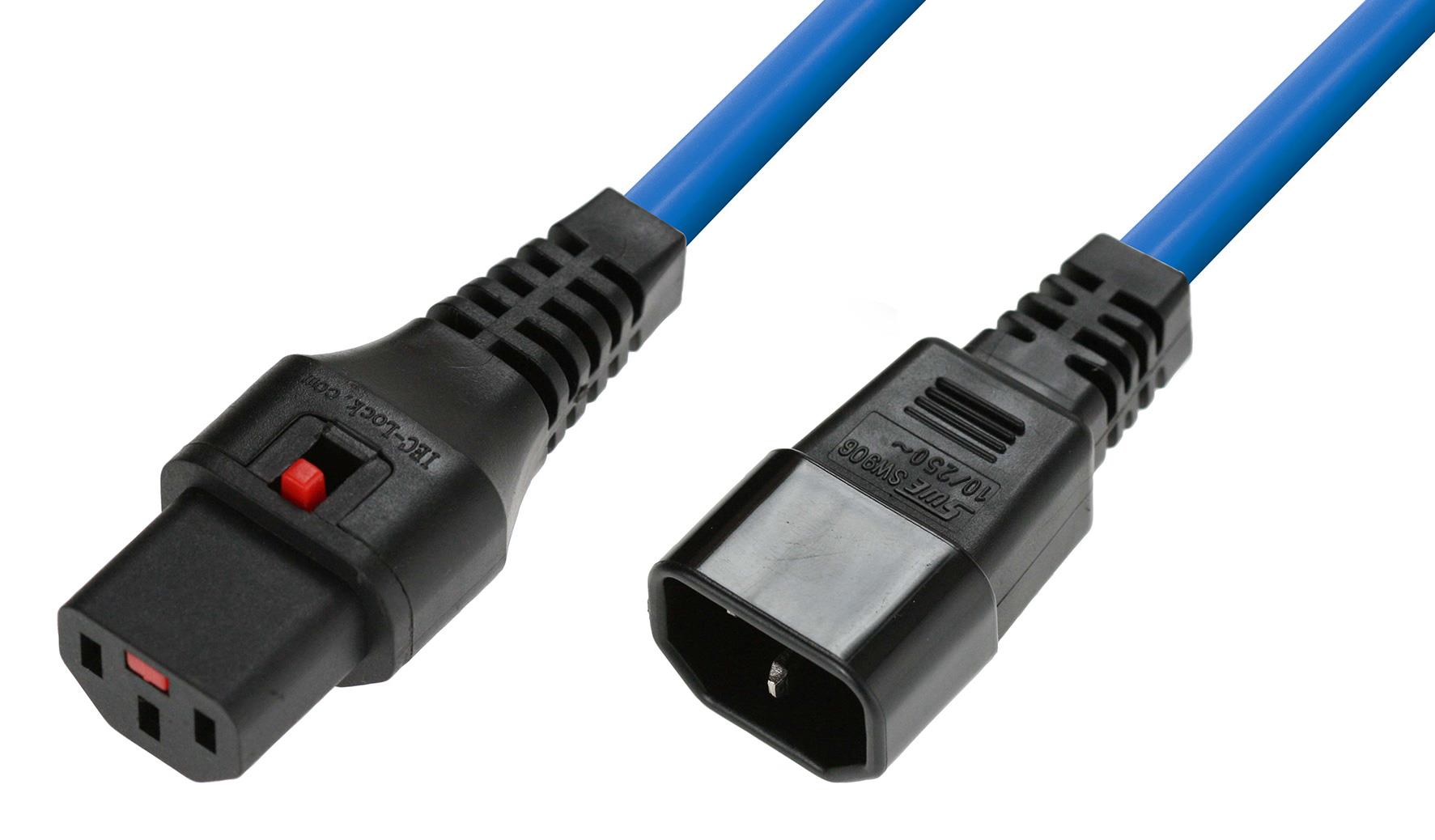 5055112822472 Kabel przedłużający zasilający z blokadą IEC LOCK 3x1mm2 C14/C13 prosty M/Ż 3m niebieski  - Incom Group
