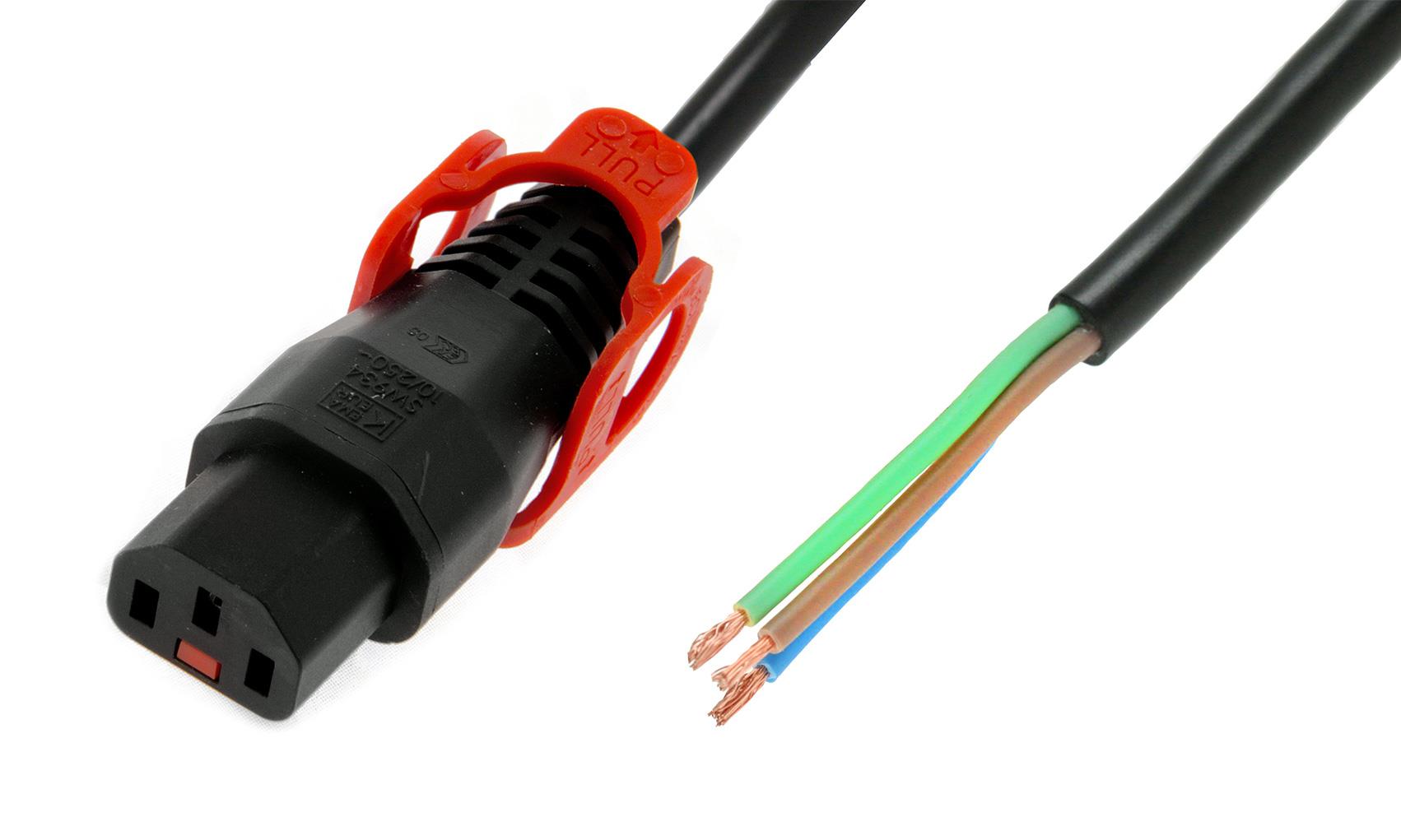 Kabel zasilający do zarobienia z blokadą IEC LOCK+ 3x1mm2 OPEN/C13 prosty Ż 2m czarny 5055287017079  - Incom Group
