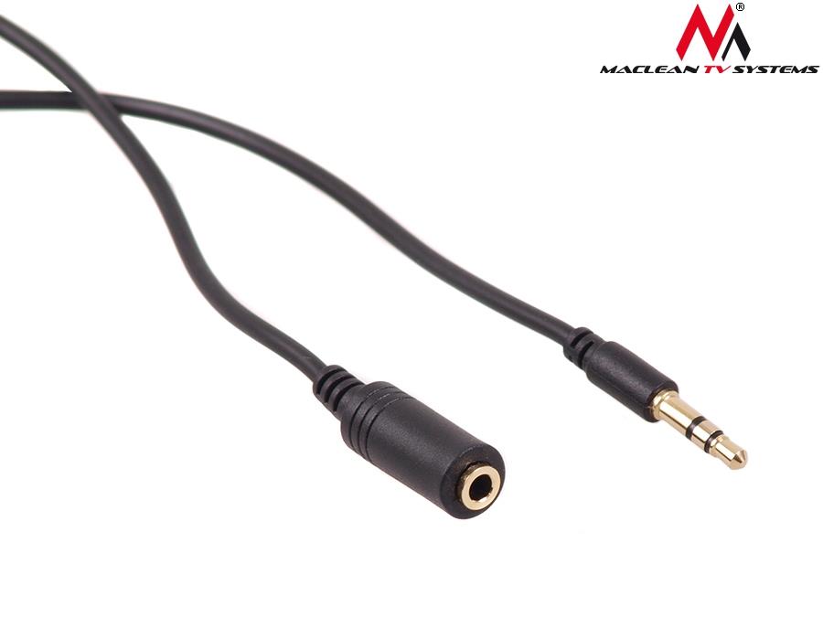 Kabel audio Maclean MCTV-819 miniJack 3,5mm (M) - miniJack 3,5mm (F), 2m, metalowy wtyk, czarny 5902211102618  - Incom Group
