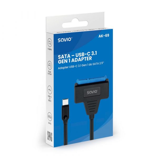 Kabel adapter SAVIO AK-69 USB-C 3.1 Gen 1 (M) - SATA (F) do dysków 2.5" 5901986048435  - Incom Group
