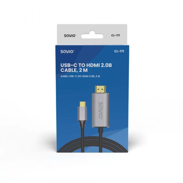 5901986047674 Kabel adapter Savio CL-171, USB-C do HDMI 2.0B, 2m, srebrno-czarny, złote końcówki  - Incom Group
