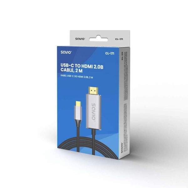  - Incom Group
 5901986047674 Kabel adapter Savio CL-171, USB-C do HDMI 2.0B, 2m, srebrno-czarny, złote końcówki