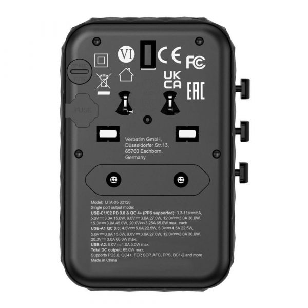 Adapter podróżny Verbatim UTA-05 GaN III globalny 2xUSB-C PD QC 4+ 65W, 1xUSB-A 60W, 1xUSB-A 5W 0023942321200  - Incom Group
