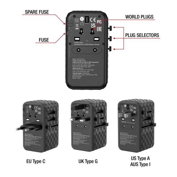 0023942321217 Adapter podróżny Verbatim UTA-06 GaN III globalny 2xUSB-C PD QC 4+ 100W, 2xUSB-A QC 3.0 18W  - Incom Group
