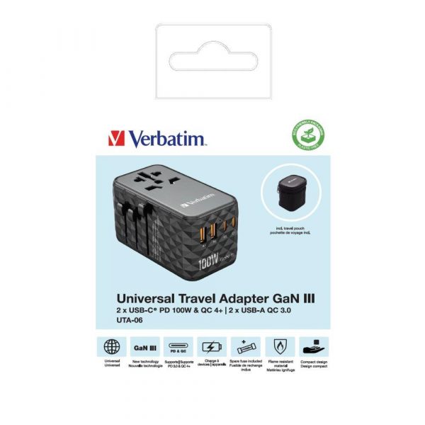  - Incom Group
 0023942321217 Adapter podróżny Verbatim UTA-06 GaN III globalny 2xUSB-C PD QC 4+ 100W, 2xUSB-A QC 3.0 18W