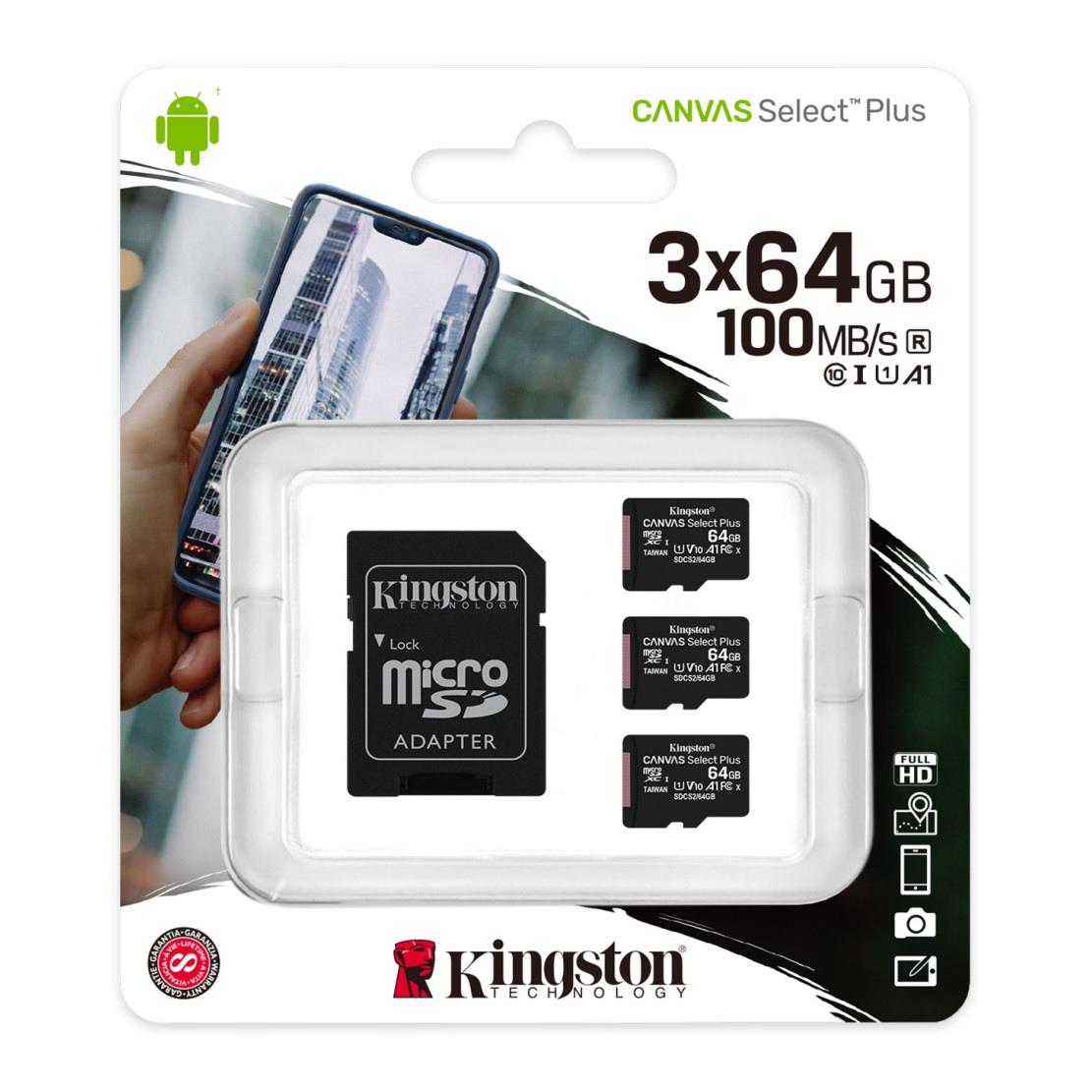 0740617299007 Karta pamięci Kingston microSD Canvas Select Plus 64GB UHS-I Class 10 + adapter 3Pack  - Incom Group
