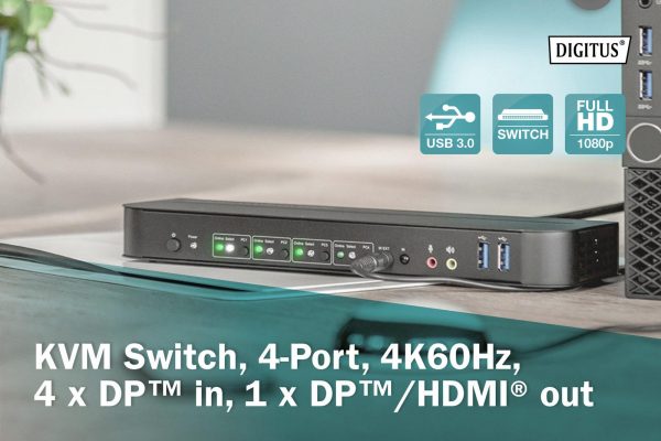 4016032475606  - Incom Group
 Przełącznik KVM DIGITUS 4 portowy DisplayPort do 1 port DP/HDMI 4K 60Hz 2xUSB, audio