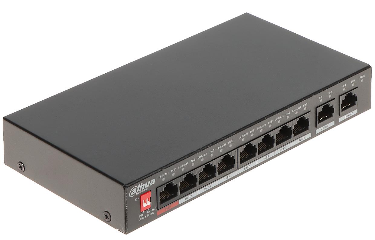 6923172507556  - Incom Group
 Switch niezarządzalny Dahua PFS3010-8ET-96-V2 8 portowy 8xPoE 10/100 2xUplink Gigabit