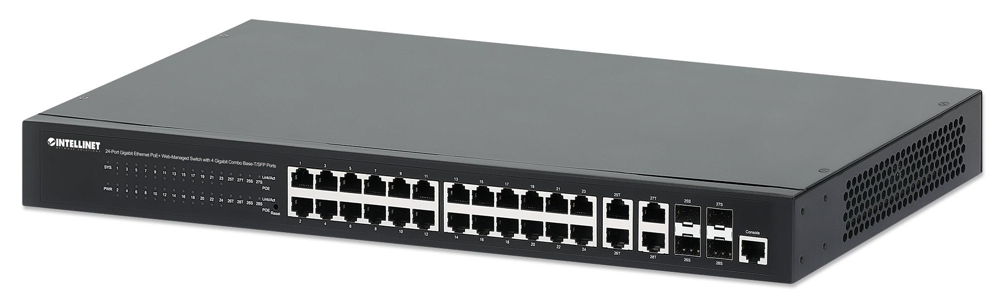 Switch zarządzalny Intellinet 24x 10/100/1000 Mbps PoE+ 370W+4x uplink Combo RJ45/SFP VLAN Rack 19"  - Incom Group
 0766623561426